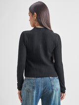 Women's Black Casual Self-Design Full Sleeves Sweater