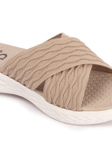Women's Beige Criss-Cross Fly Knit Comfort Slides