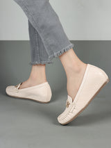 Women Cream Textured Lightweight Heeled Loafers