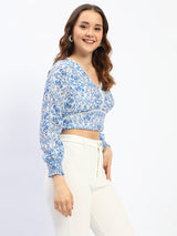 Women's Blue Casual Full Sleeve Abstract Print Lace Detailed V-Neck Cotton Top