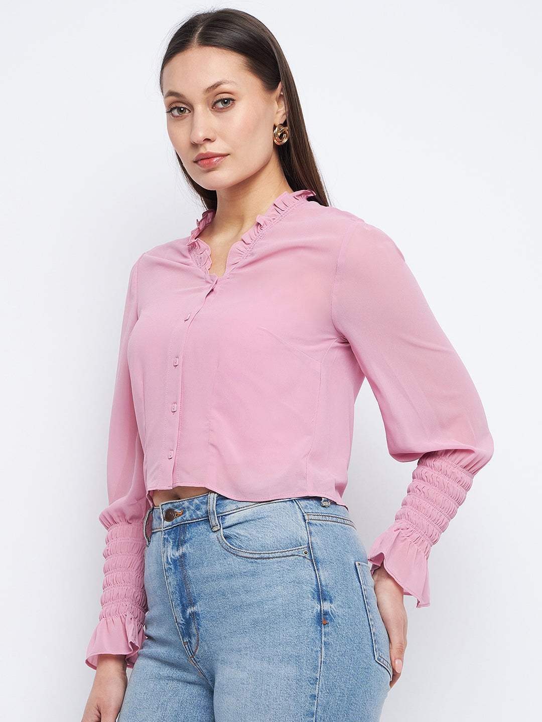 Women's Pink Casual Regular Fit Solid Full Sleeves Top