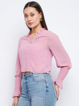Women's Pink Casual Regular Fit Solid Full Sleeves Top