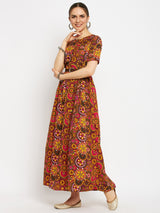 Women's Pink Casual Printed Maxi Dress with Belt