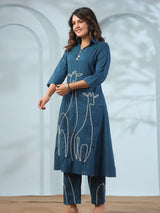 Women's Peacock Blue Animal Motif Cord Work  in Cotton Cambric Kurta Set
