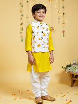 Boys Multicolor Cotton Festive Kurta Pyjama With Block Print Jacket Set