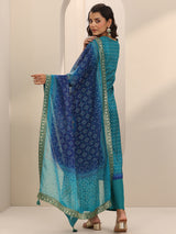 Women's Blue Bandhani Printed Zari Kurta With Trouser and Dupatta