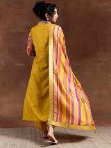 Women's Yellow Floral Printed Kurta with Solid Brocade Trouser and Printed Dupatta