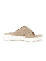 Women's Beige Criss-Cross Fly Knit Comfort Slides