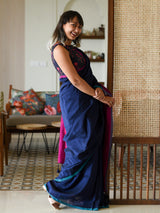 Women's Blue Cotton Blend Saree