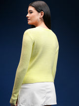 Women's Yellow Casual Self-Design Full Sleeves Sweater