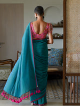 Women's Blue Cotton Blend Saree