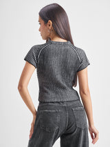 Women's Black Casual Self-Design Half Sleeves Sweater