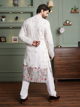 Men's White Full Sleeves Straight Embroidered Kurta