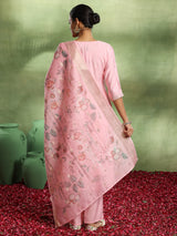 Women's Pink Silk Blend Yoke Design Straight Kurta and Trouser with Silk Blend Printed Dupatta