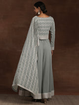 Women's Grey Ethnic Motif Embroidered Georgette Top with One Side Extended Sleeve and Solid Wide Leg Palazzo