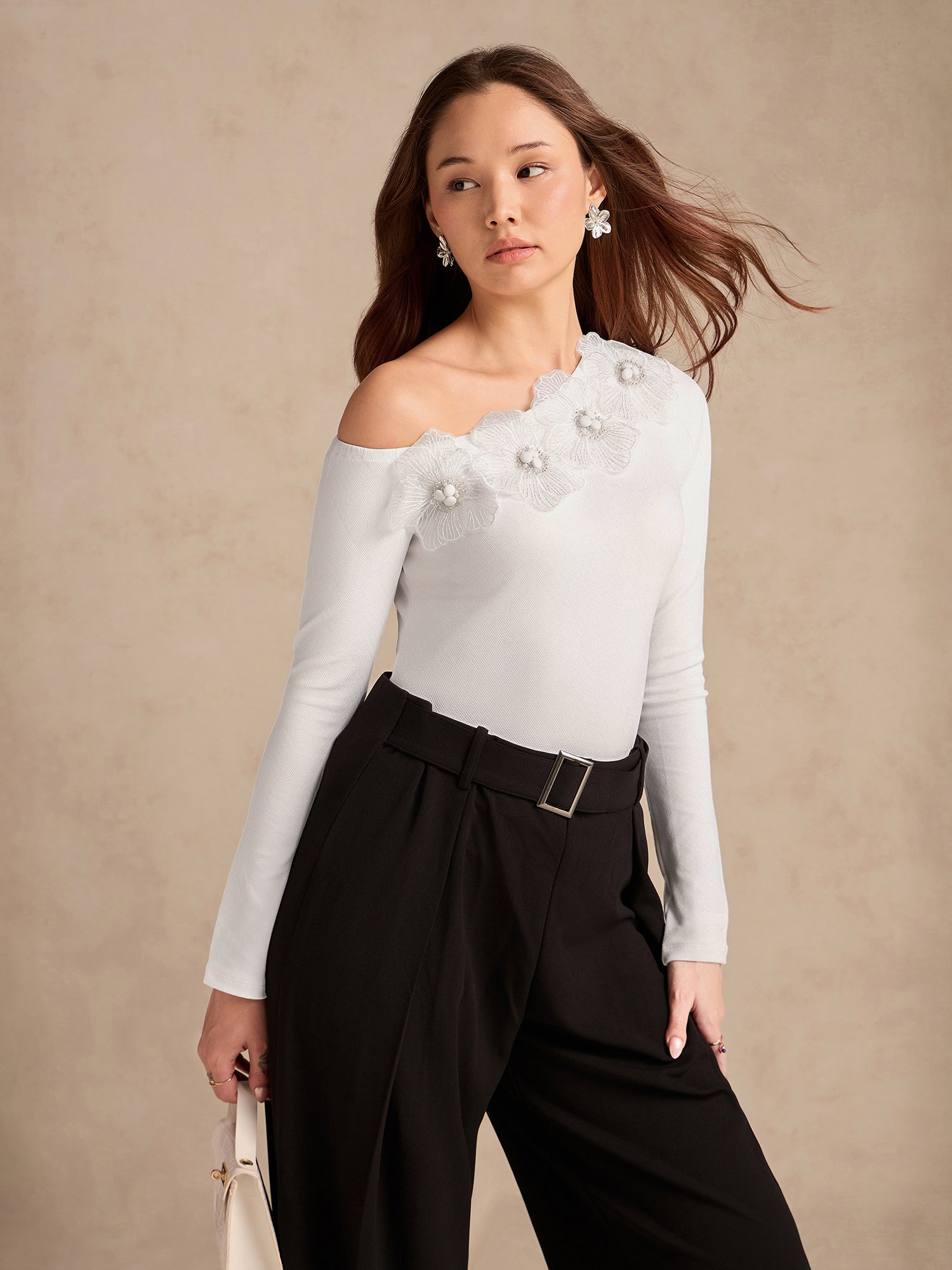 Women's White Off-shoulder Floral Embellishments Top
