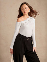 Women's White Off-shoulder Floral Embellishments Top