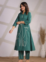 Women's Green Animal Motif Cord Work in Cotton Cambric Kurta Set