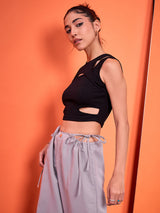 Women's Black Casual Sleeveless Stretchable with Front Cut Outs Ribbed Top