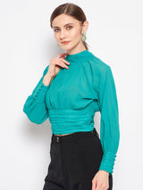 Women's Green Casual Full Sleeve High-Neck Pleated Balloon Top