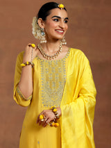 Women's Yellow Embroidered Yoke Straight Kurta and Solid Trouser with Yellow Self Design Dupatta