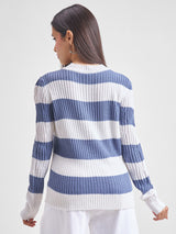 Women's Blue Casual Striped Full Sleeves Sweater