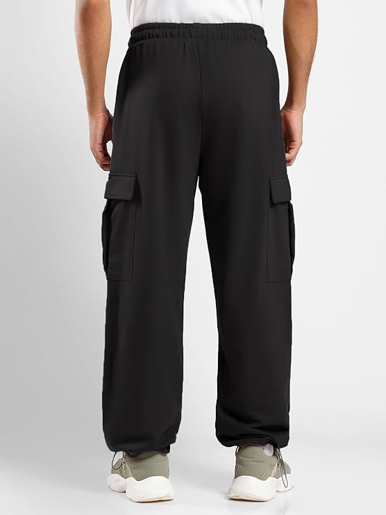 Men's Black Cotton Straight Knit Solid Cargo