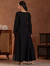 Women's Black Self Design Panelled a-line Kurta With Lining and Solid Trouser