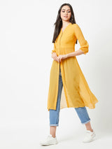 Women's Mustard Yellow V-Neck Three Quarter Sleeves Solid Empire Maxi Top