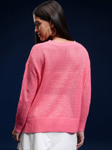 Women's Pink Casual Striped Full Sleeves Sweater