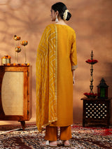 Women's Yellow Zari Embroidered Paisley Kurta with Solid Trouser and Poly Chiffon Self Design Dupatta