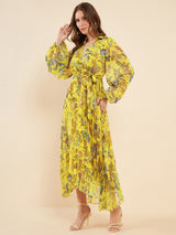 Women's Yellow Printed Pleated Puff Sleeves Belted Chiffon Fit & Flare Midi Dress