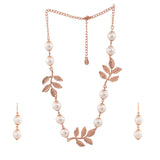 Women's Rose Gold Plated Leaf Designer Necklace Set with White Pearls