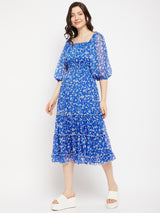 Women's Cobalt Blue Square Neck Floral Printed Smocked Tie Chiffon Fit & Flare Midi Dress