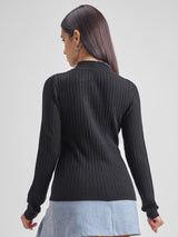 Women's Black Casual Self-Design Full Sleeves Sweater