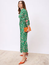 Women's Green Notch Collar Puff Sleeves A-Line Maxi Dress