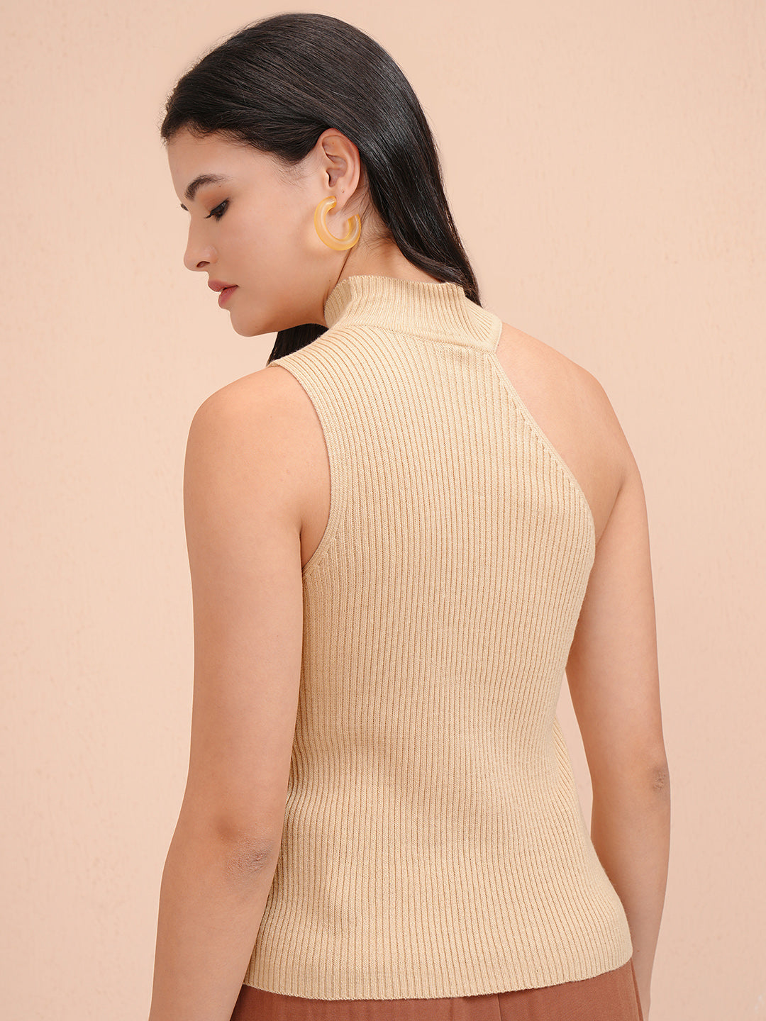 Women's Beige Casual Self-Design Sleeveless Sweater