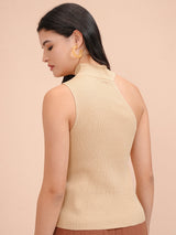 Women's Beige Casual Self-Design Sleeveless Sweater