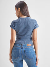 Women's Blue Casual Self-Design Half Sleeves Sweater