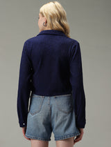 Women's Navy Casual Crop Solid Shirt