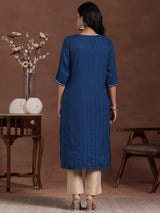 Women's Blue Woven Design Viscose Rayon Kurta with Pocket