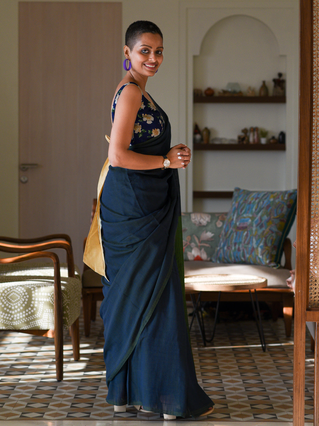 Women's Blue Cotton Blend Saree