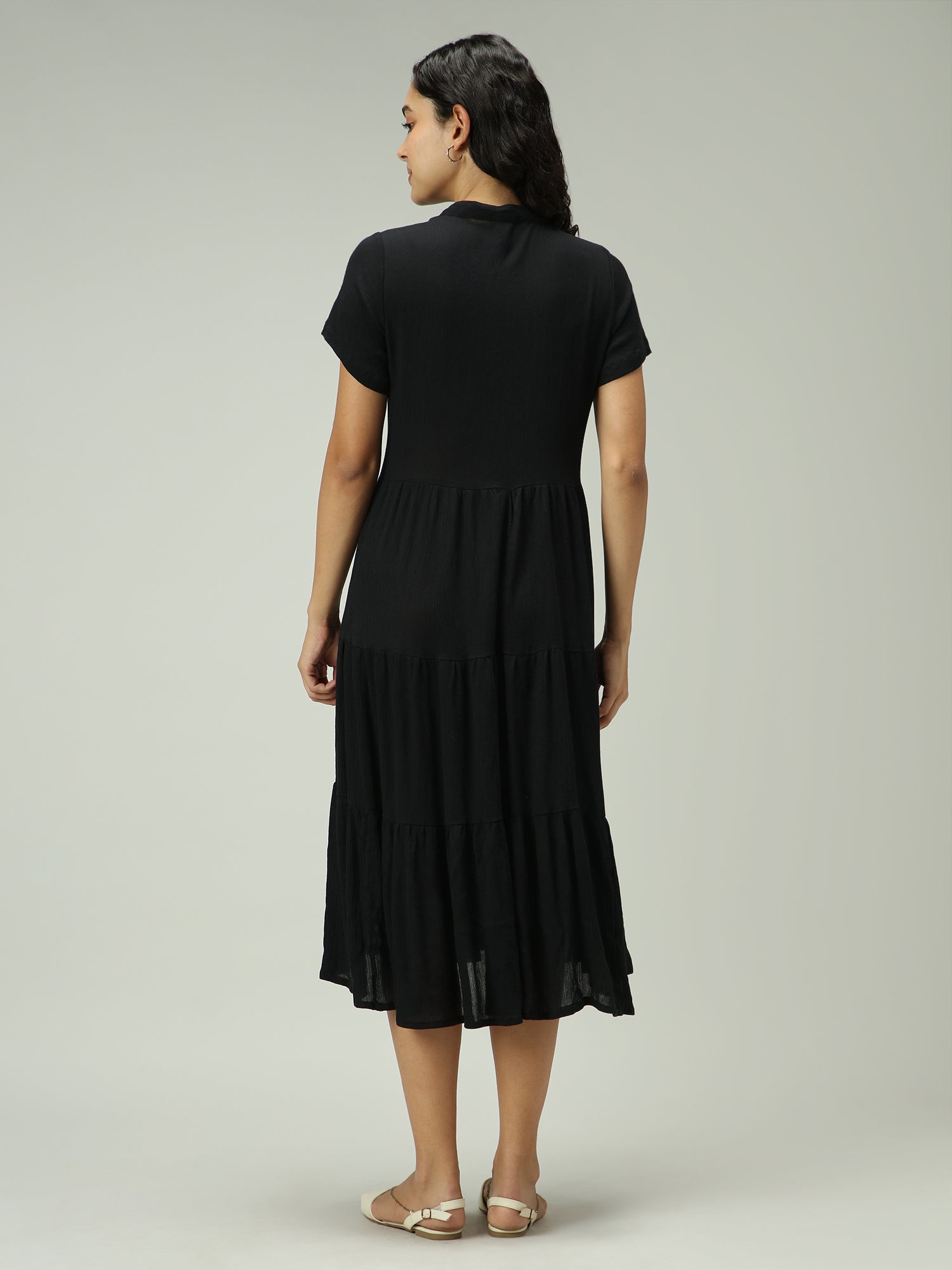 Women's Black Button Down Tiered Midi Dress