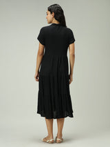 Women's Black Button Down Tiered Midi Dress