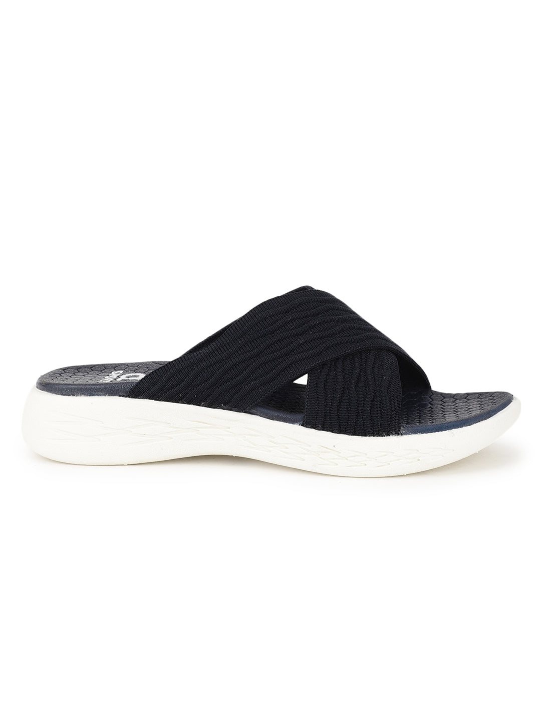 Women's Navy Criss-Cross Fly Knit Comfort Slides
