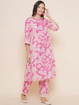Women's Pink Floral Printed Panelled A-Line Kurta with Trouser