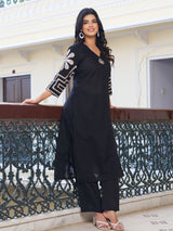 Women's Solid Black Cotton Slub with Tribal Embroidered Sleeves Kurta Set