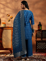 Women's Blue Motif Short Kurta With Solid Wide Leg Palazzo and Woven Design Dupatta