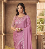 Women's Georgette Pink Embellished Designer Saree with Blouse Piece