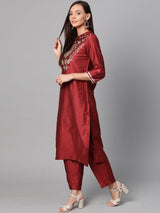 Women's Red Ethnic Three Quarter Sleeves Kurta and Trouser with Dupatta